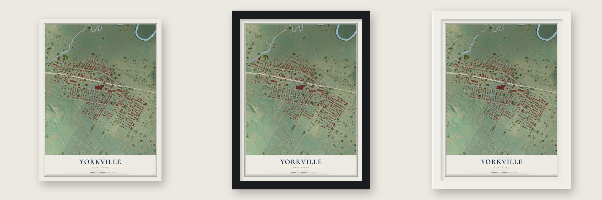 Yorkville, New York map unframed, in a black wood frame and in a white wood frame