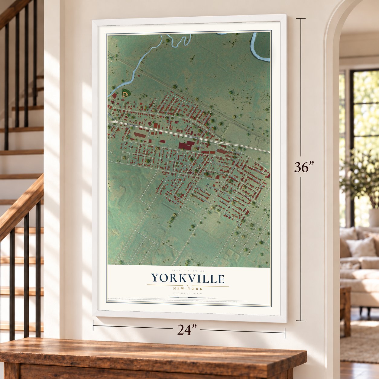 Yorkville, New York map, 24 x 36 inch print in a white frame by a staircase