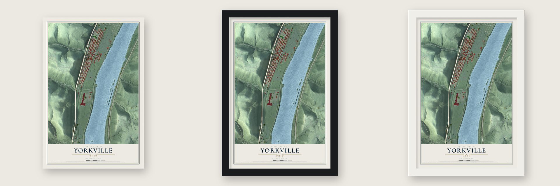 Yorkville, Ohio map unframed, in a black wood frame and in a white wood frame