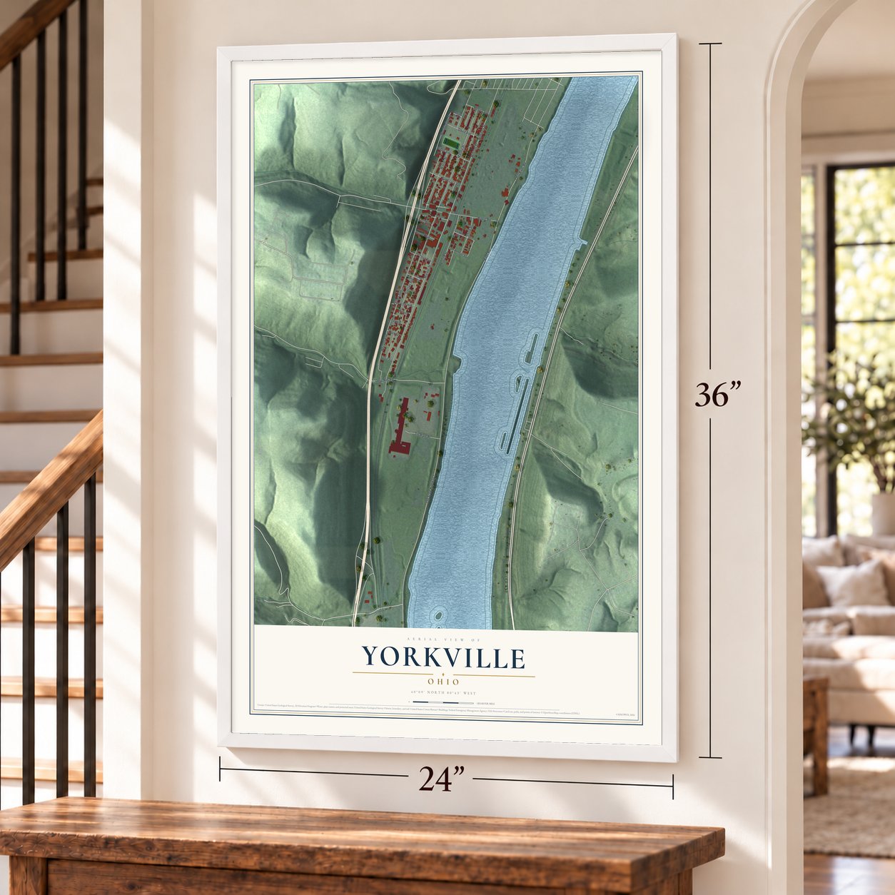 Yorkville, Ohio map, 24 x 36 inch print in a white frame by a staircase