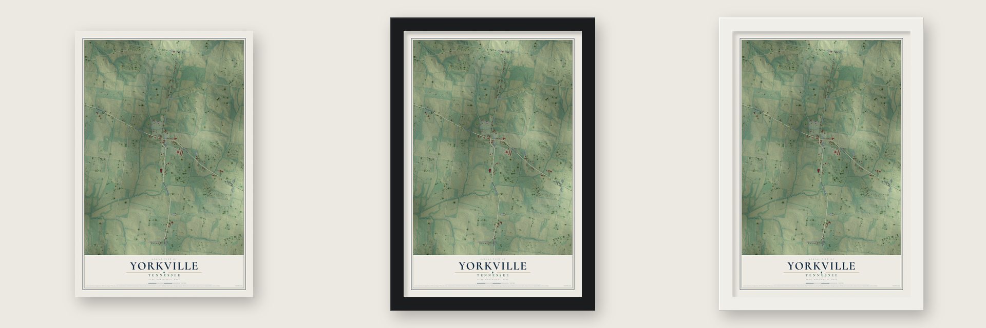 Yorkville, Tennessee map unframed, in a black wood frame and in a white wood frame