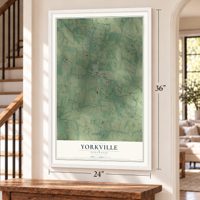 Yorkville, Tennessee map, 24 x 36 inch print in a white frame by a staircase