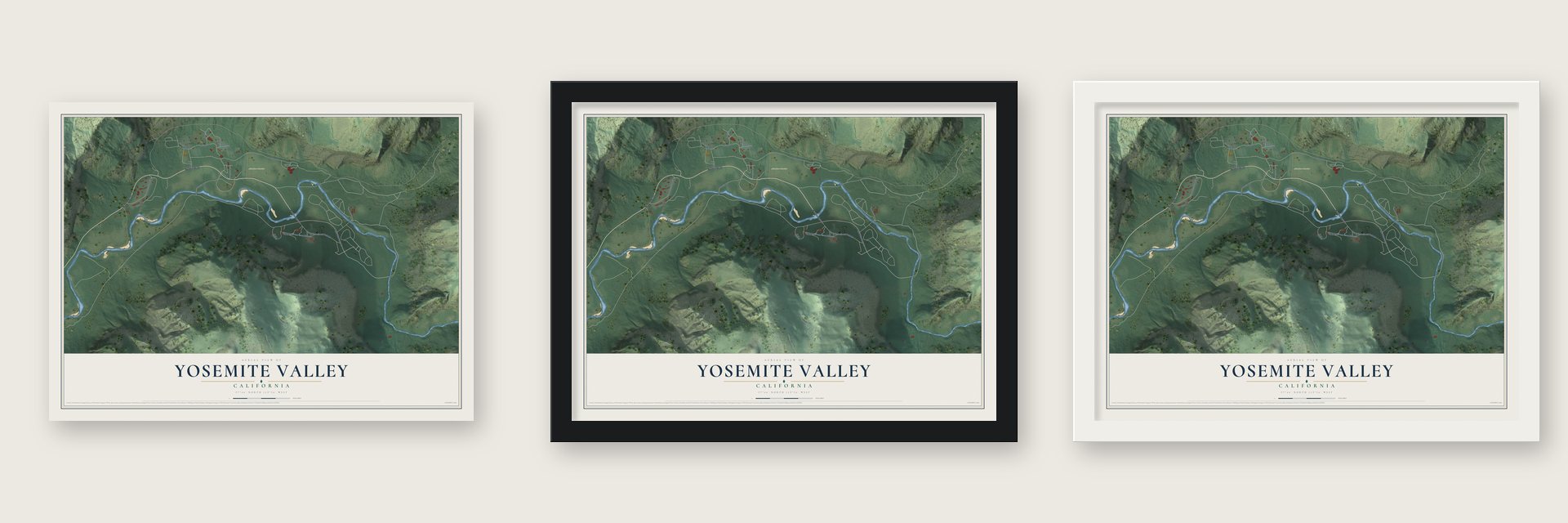 Yosemite Valley, California map unframed, in a black wood frame and in a white wood frame