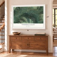 Yosemite Valley, California map, 24 x 36 inch print in a white frame above a dresser by a staircase