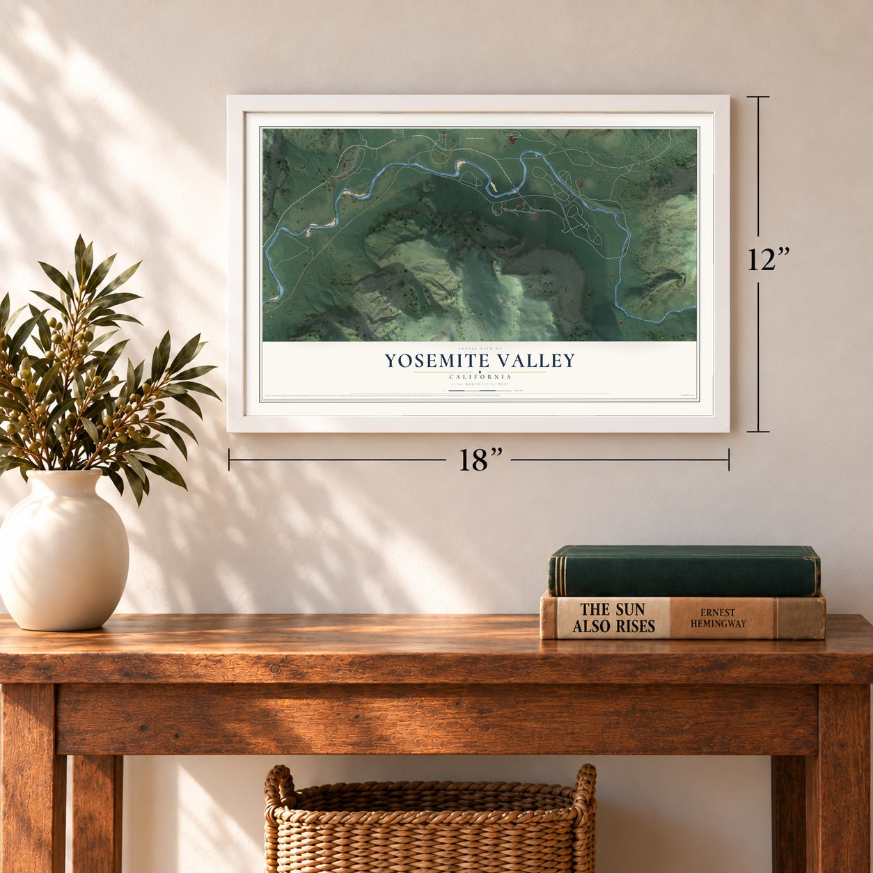 Yosemite Valley, California map, 12 x 18 inch print in a white frame in an entryway