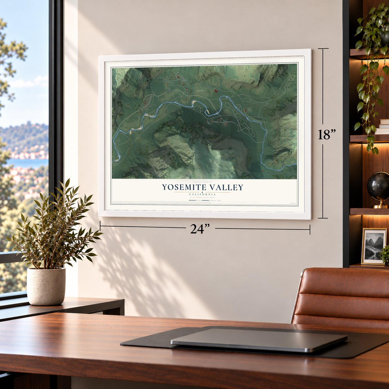 Yosemite Valley, California map, 18 x 24 inch print in a white frame in a home office