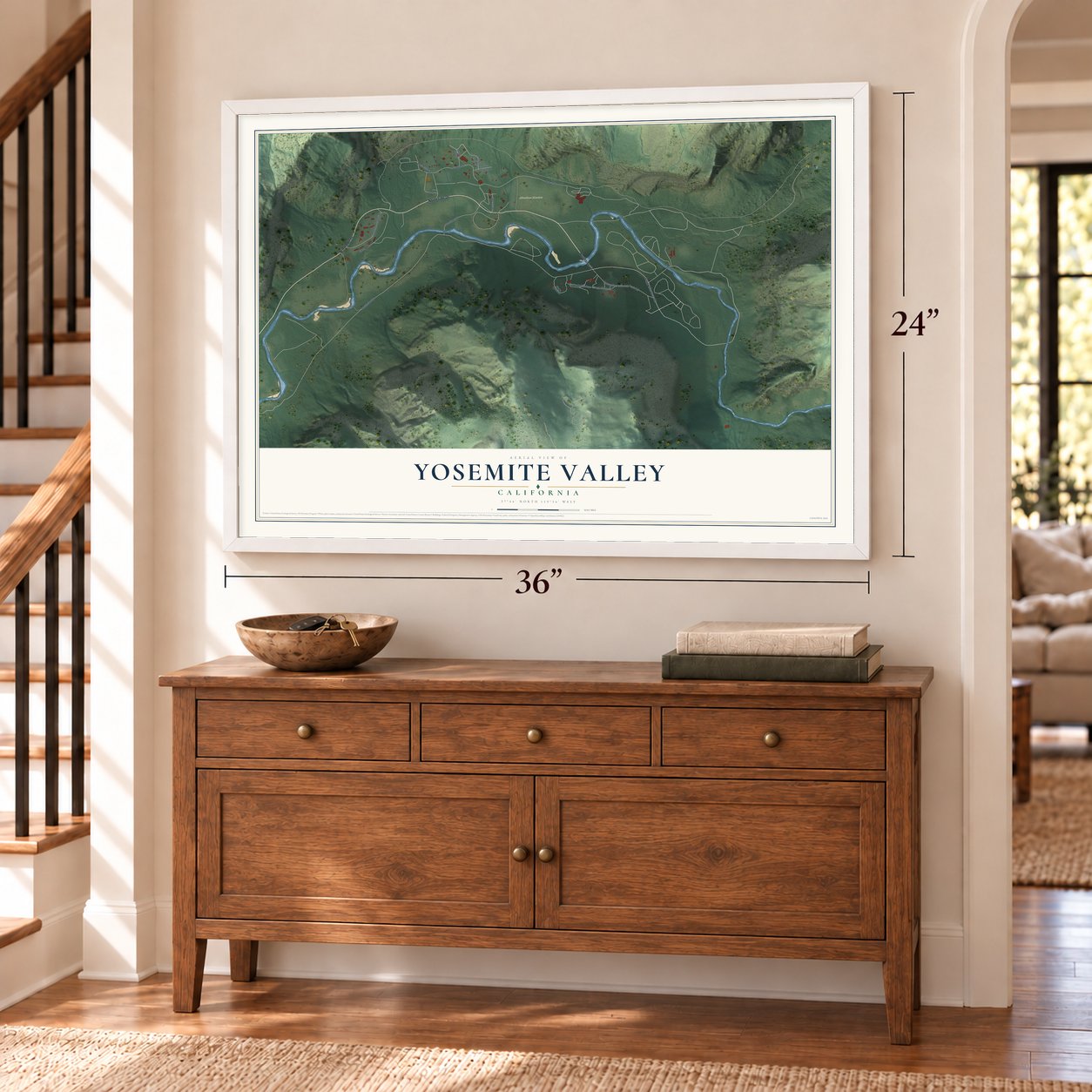 Yosemite Valley, California map, 24 x 36 inch print in a white frame above a dresser by a staircase