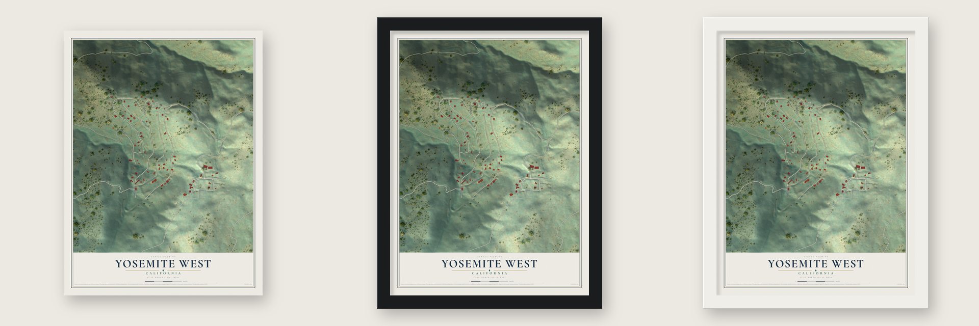 Yosemite West, California map unframed, in a black wood frame and in a white wood frame