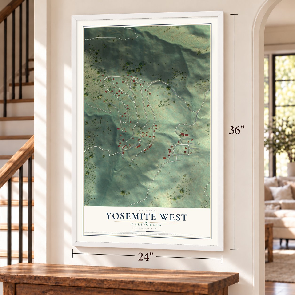 Yosemite West, California map, 24 x 36 inch print in a white frame by a staircase