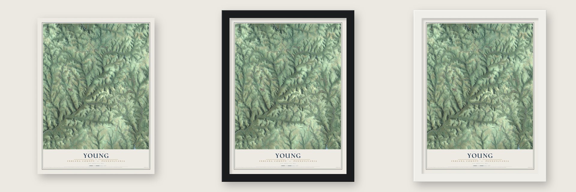Young, Indiana County, Pennsylvania map unframed, in a black wood frame and in a white wood frame
