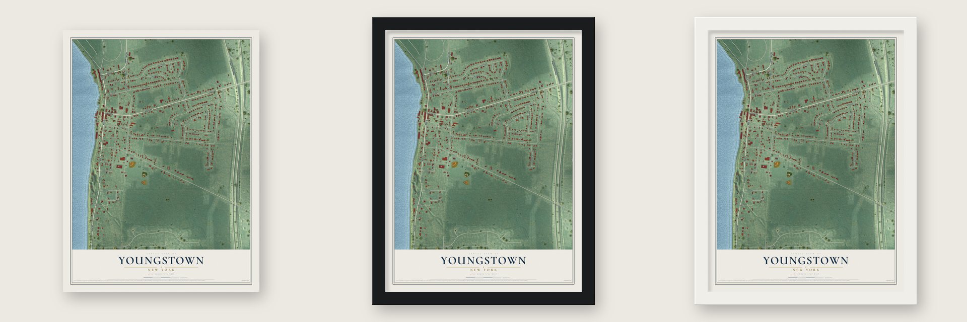 Youngstown, New York map unframed, in a black wood frame and in a white wood frame