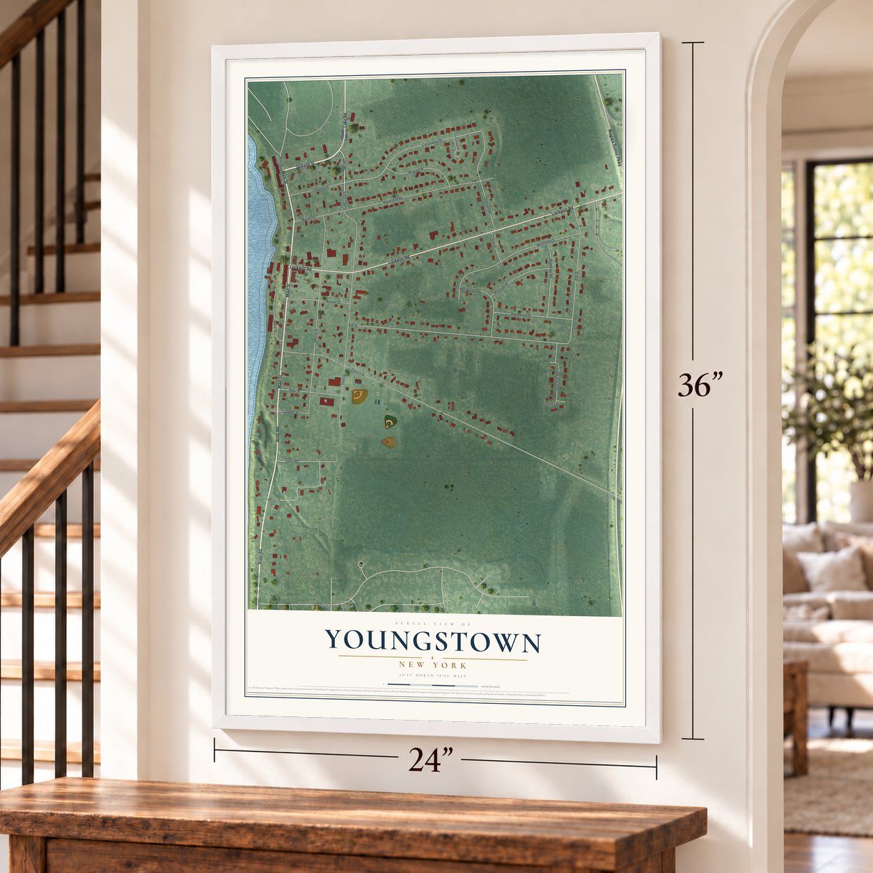 Youngstown, New York map, 24 x 36 inch print in a white frame by a staircase