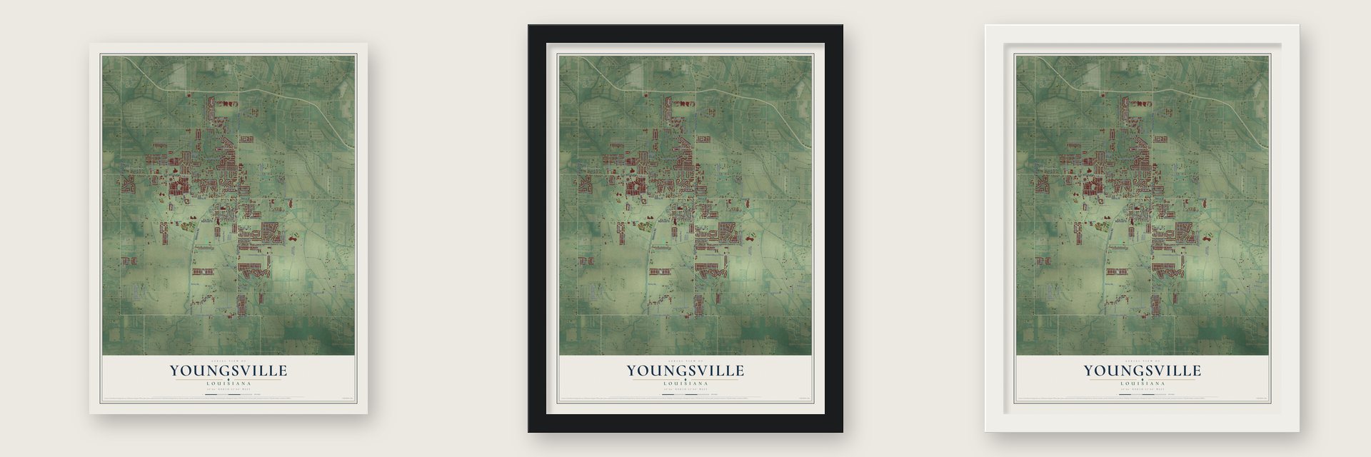 Youngsville, Louisiana map unframed, in a black wood frame and in a white wood frame