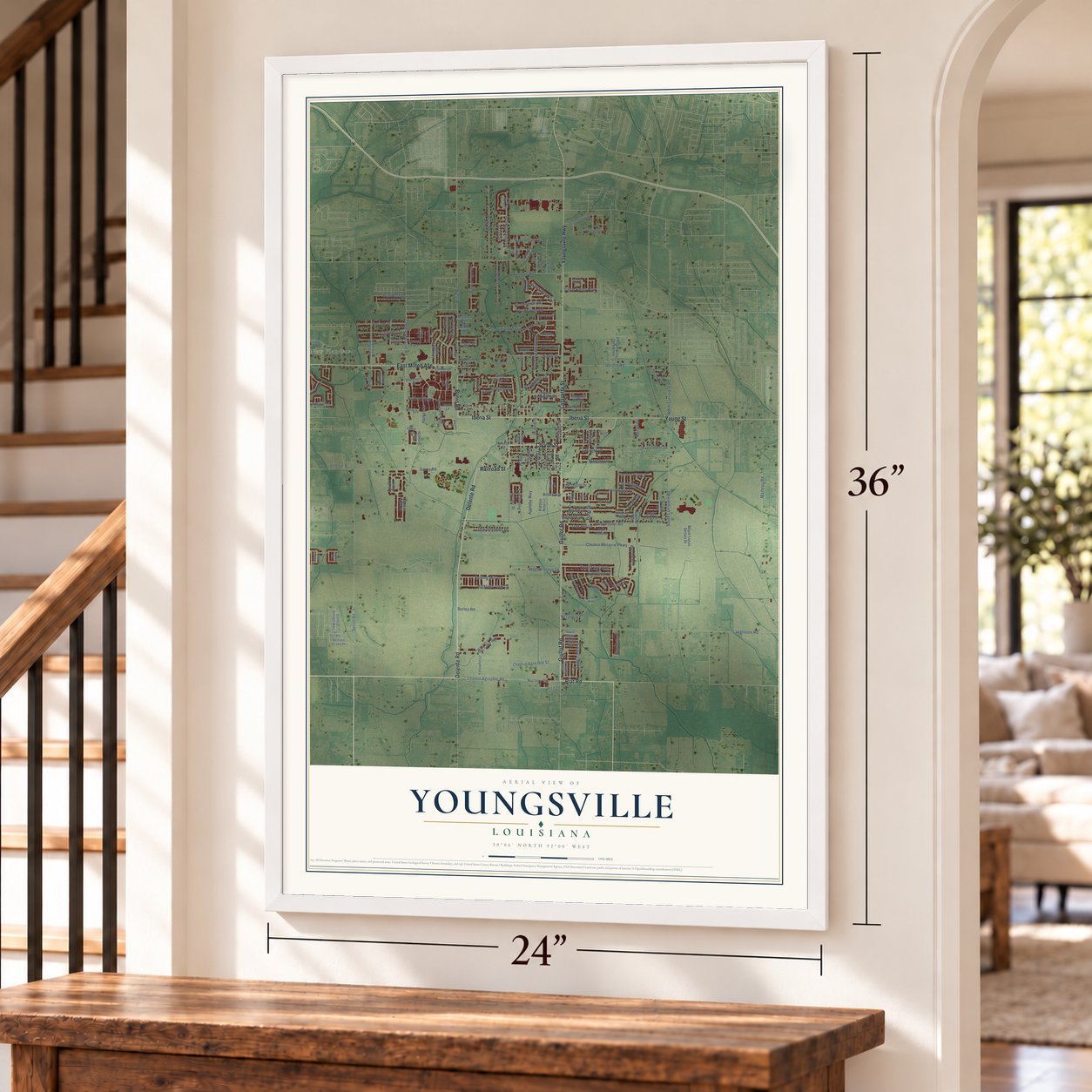 Youngsville, Louisiana map, 24 x 36 inch print in a white frame by a staircase