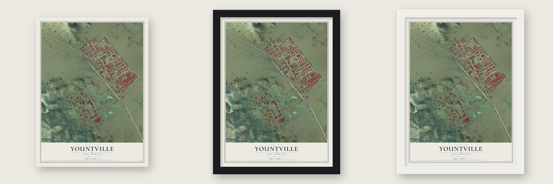 Yountville, California map unframed, in a black wood frame and in a white wood frame