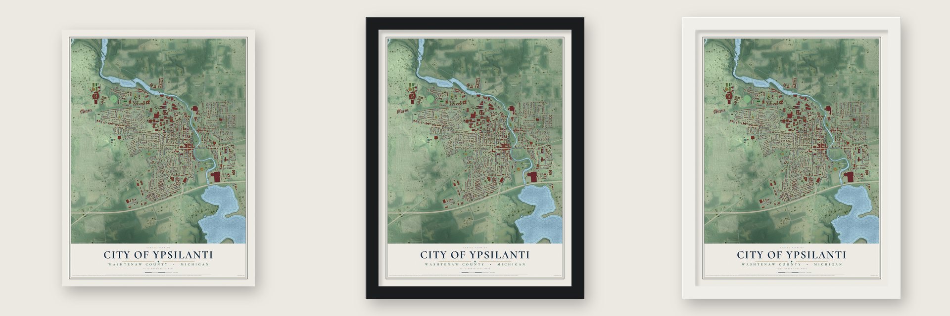 Ypsilanti, Michigan map unframed, in a black wood frame and in a white wood frame