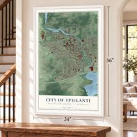 Ypsilanti, Michigan map, 24 x 36 inch print in a white frame by a staircase