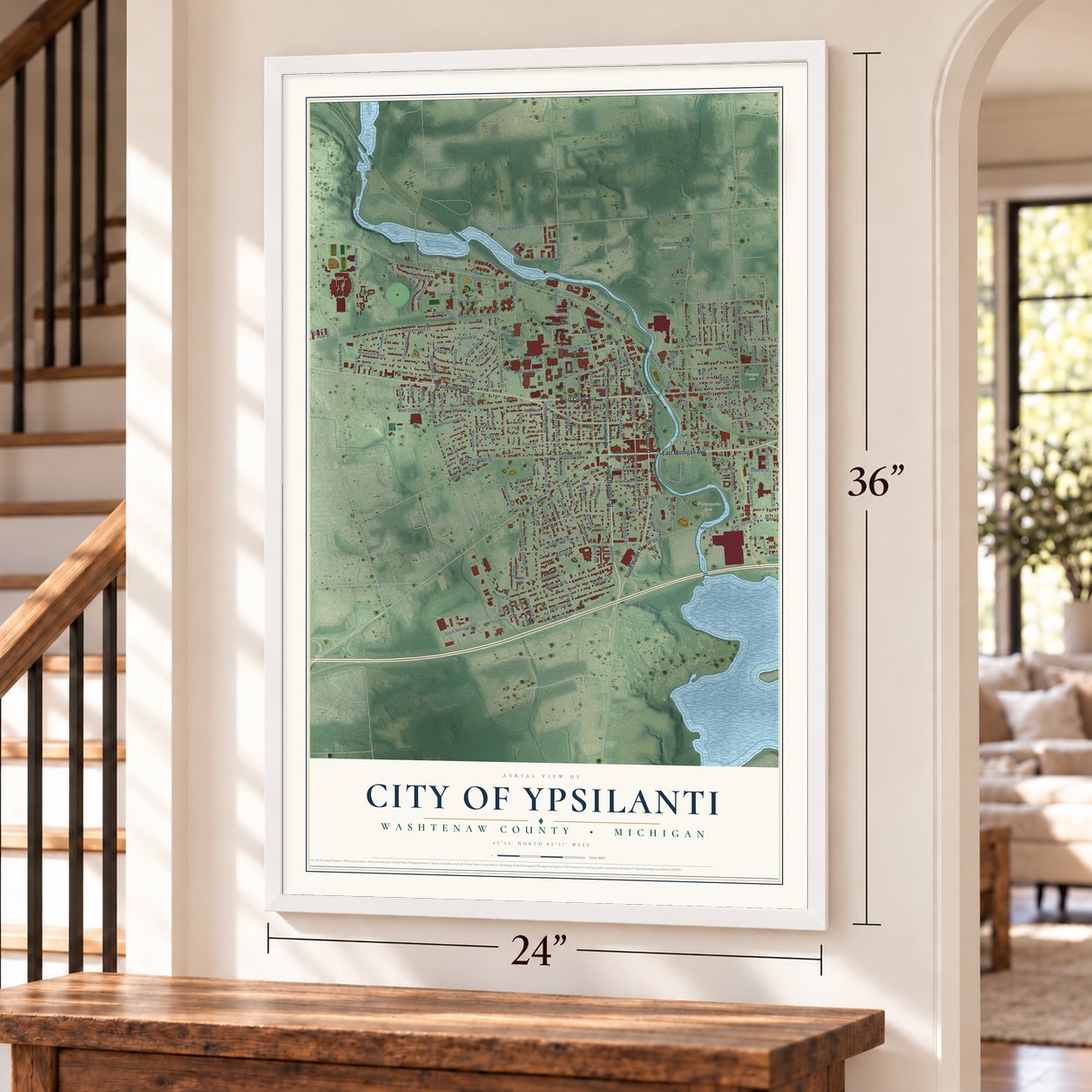 Ypsilanti, Michigan map, 24 x 36 inch print in a white frame by a staircase