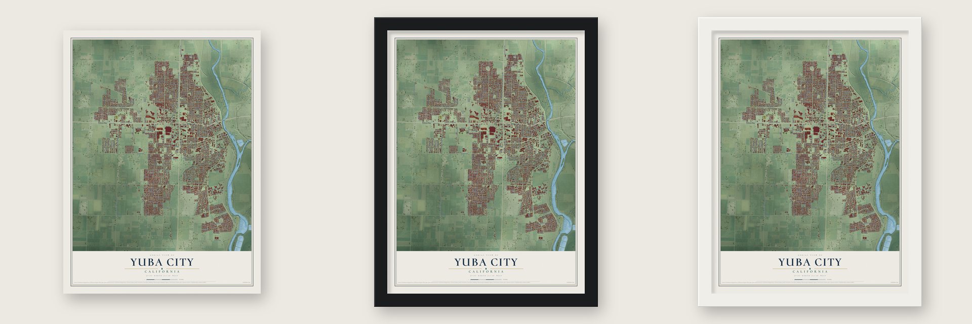 Yuba City, California map unframed, in a black wood frame and in a white wood frame