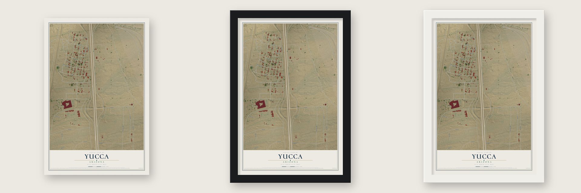 Yucca, Arizona map unframed, in a black wood frame and in a white wood frame