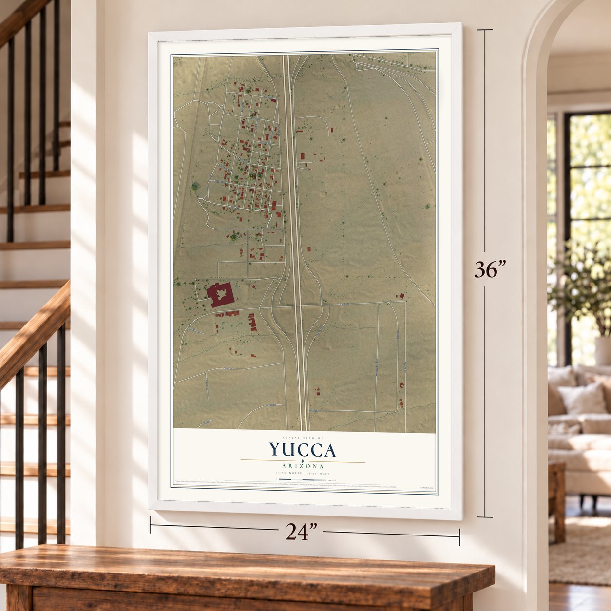 Yucca, Arizona map, 24 x 36 inch print in a white frame by a staircase