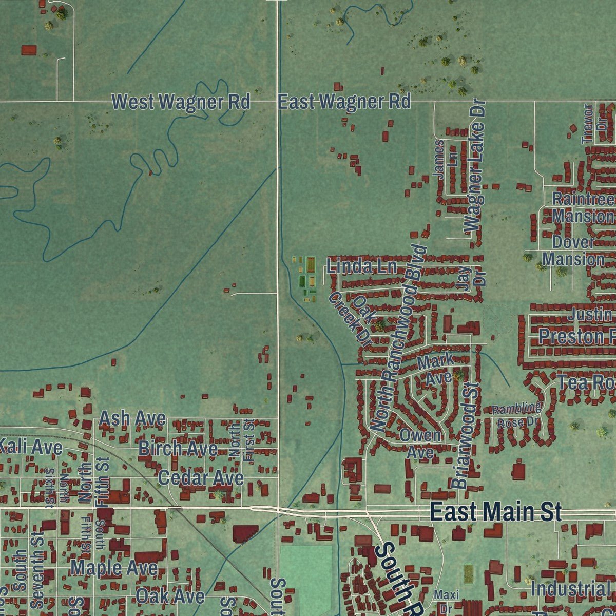 Second close-up of the map of Yukon, Oklahoma print showing more streets and buildings