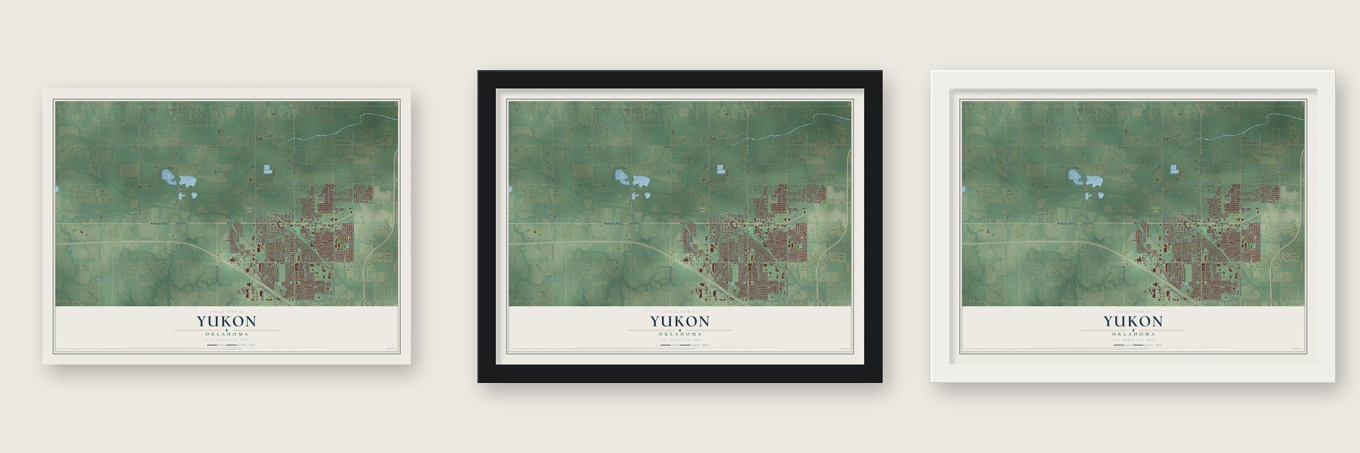 Yukon, Oklahoma map unframed, in a black wood frame and in a white wood frame