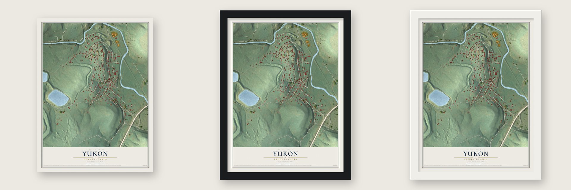 Yukon, Pennsylvania map unframed, in a black wood frame and in a white wood frame
