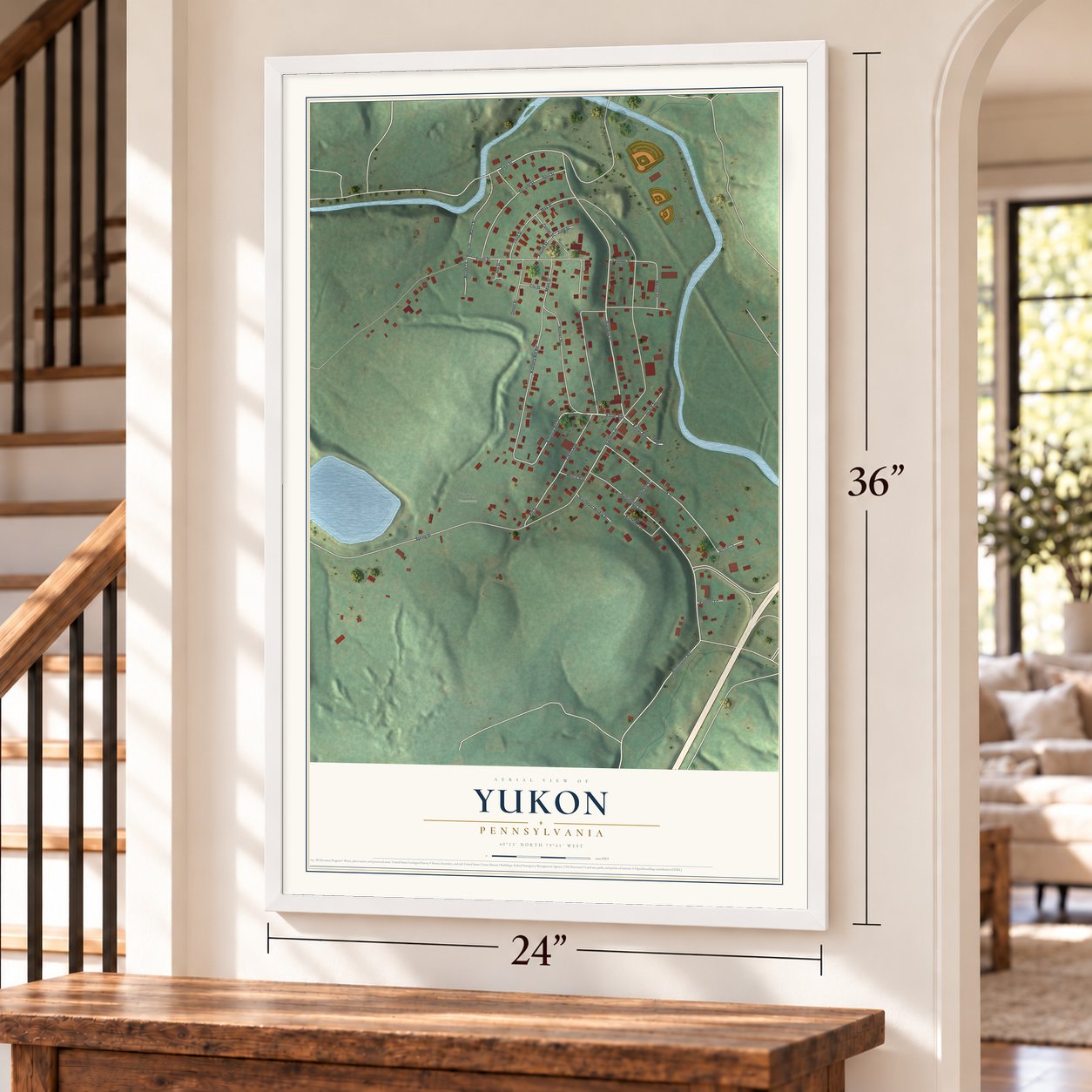 Yukon, Pennsylvania map, 24 x 36 inch print in a white frame by a staircase