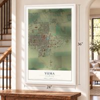 Yuma, Colorado map, 24 x 36 inch print in a white frame by a staircase