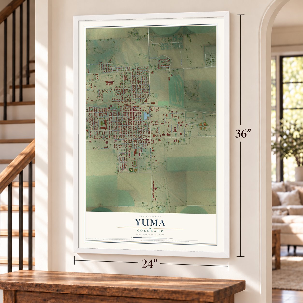 Yuma, Colorado map, 24 x 36 inch print in a white frame by a staircase