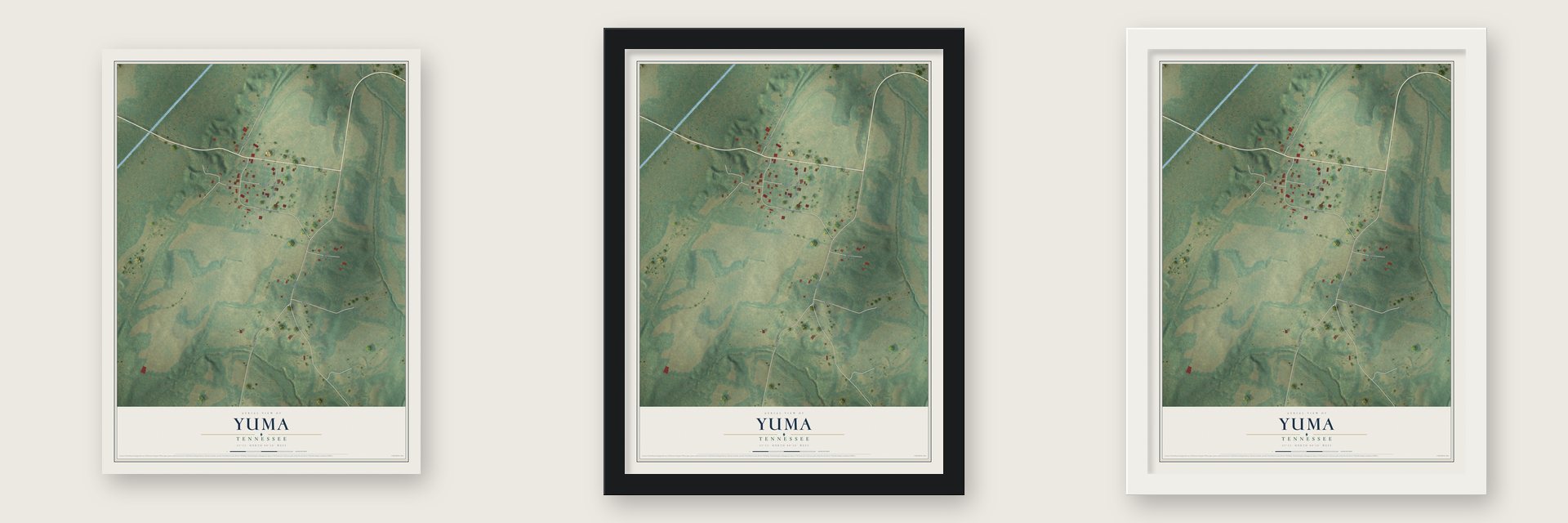 Yuma, Tennessee map unframed, in a black wood frame and in a white wood frame