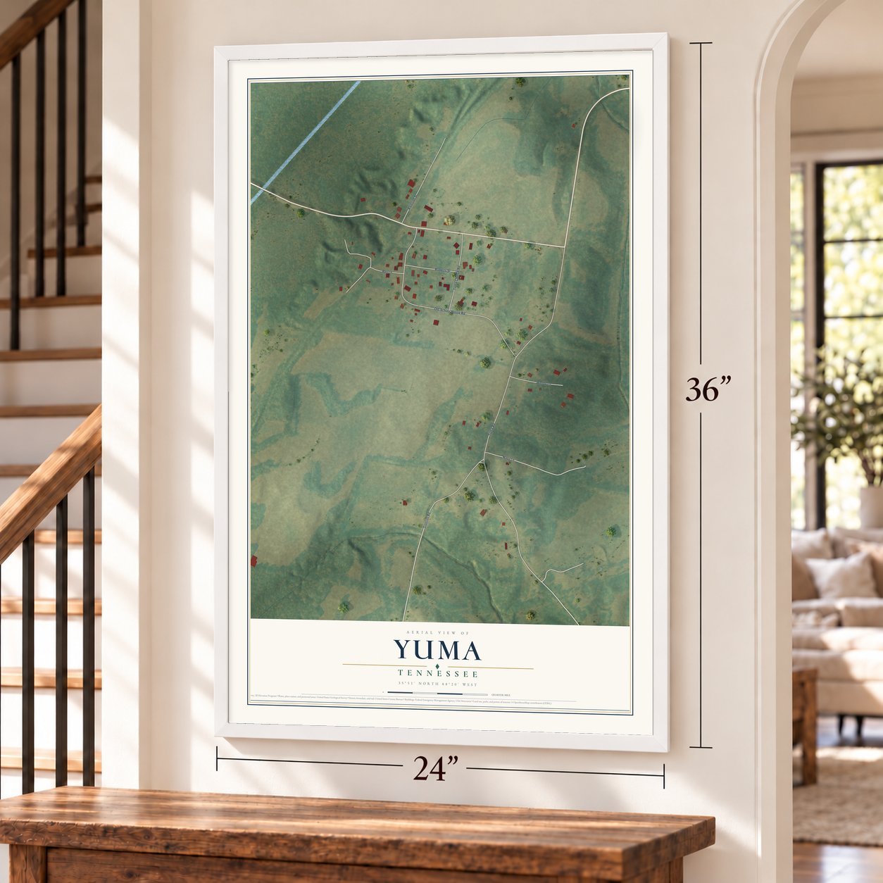 Yuma, Tennessee map, 24 x 36 inch print in a white frame by a staircase
