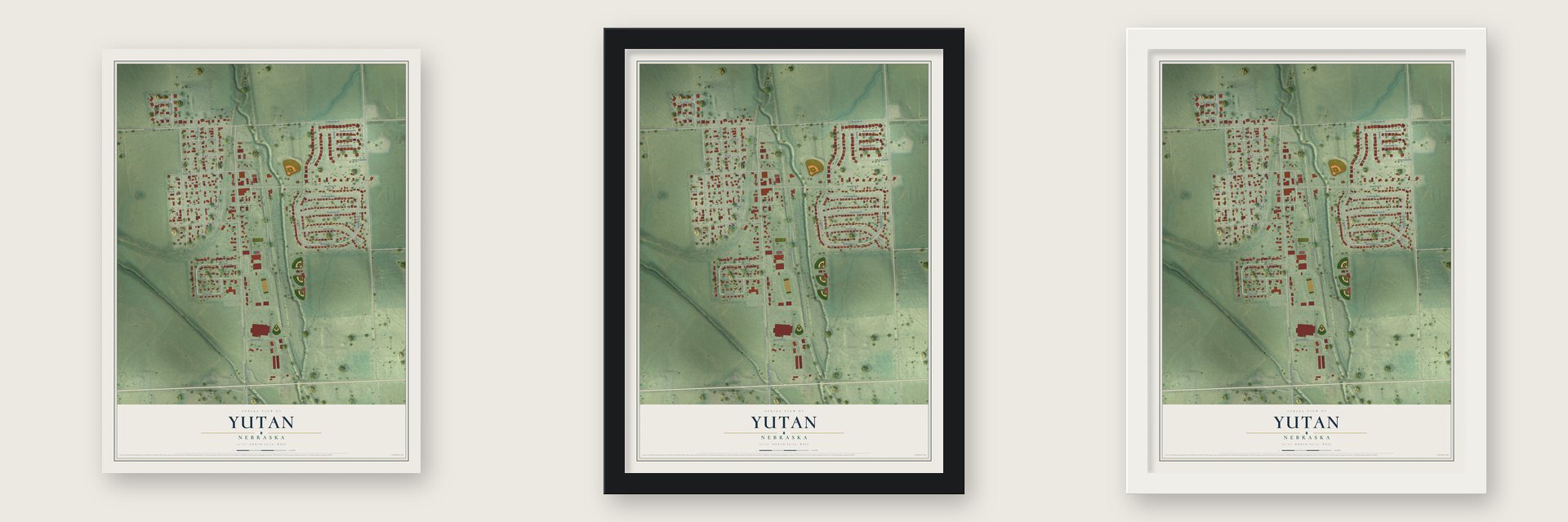 Yutan, Nebraska map unframed, in a black wood frame and in a white wood frame