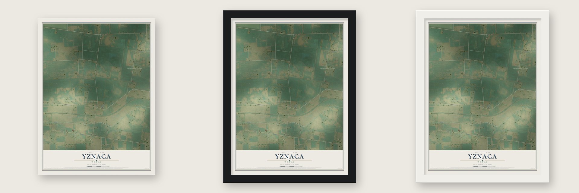 Yznaga, Texas map unframed, in a black wood frame and in a white wood frame