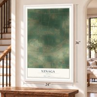 Yznaga, Texas map, 24 x 36 inch print in a white frame by a staircase