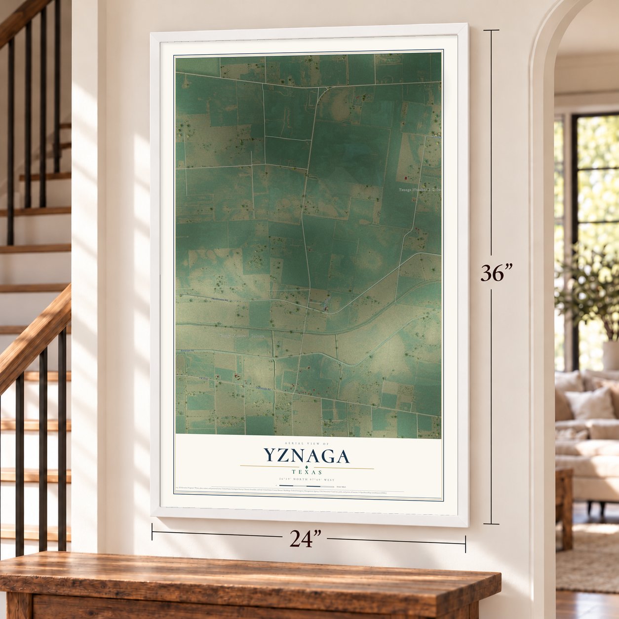 Yznaga, Texas map, 24 x 36 inch print in a white frame by a staircase