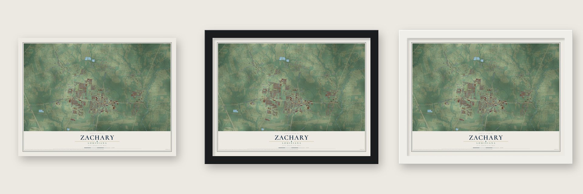 Zachary, Louisiana map unframed, in a black wood frame and in a white wood frame