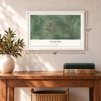 Zachary, Louisiana map, 12 x 18 inch print in a white frame in an entryway