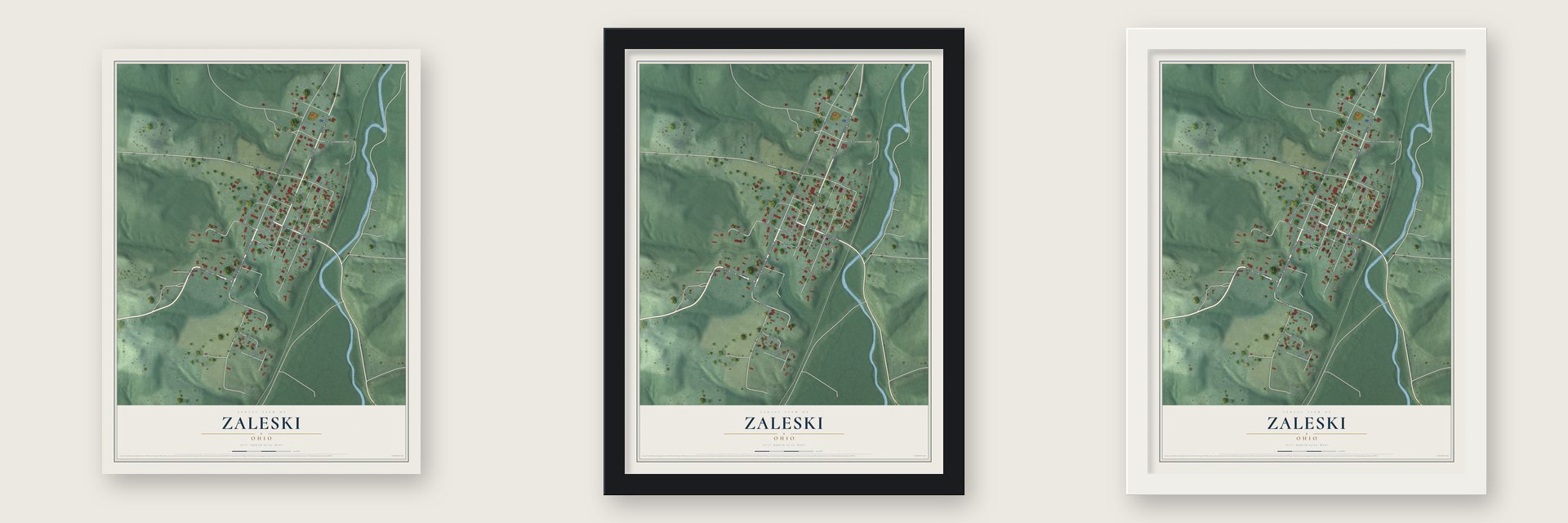 Zaleski, Ohio map unframed, in a black wood frame and in a white wood frame