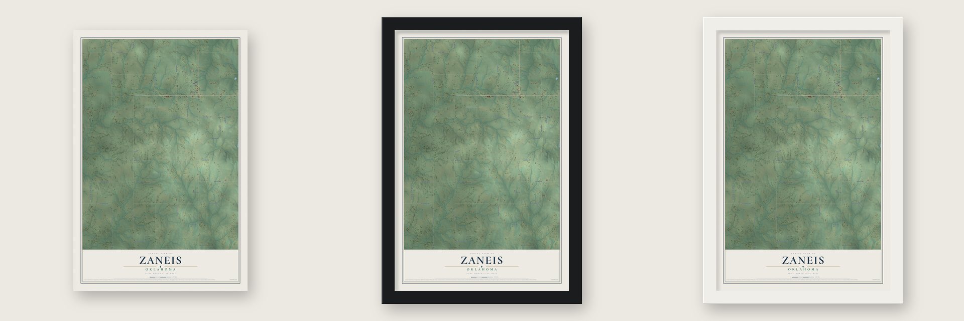 Zaneis, Oklahoma map unframed, in a black wood frame and in a white wood frame
