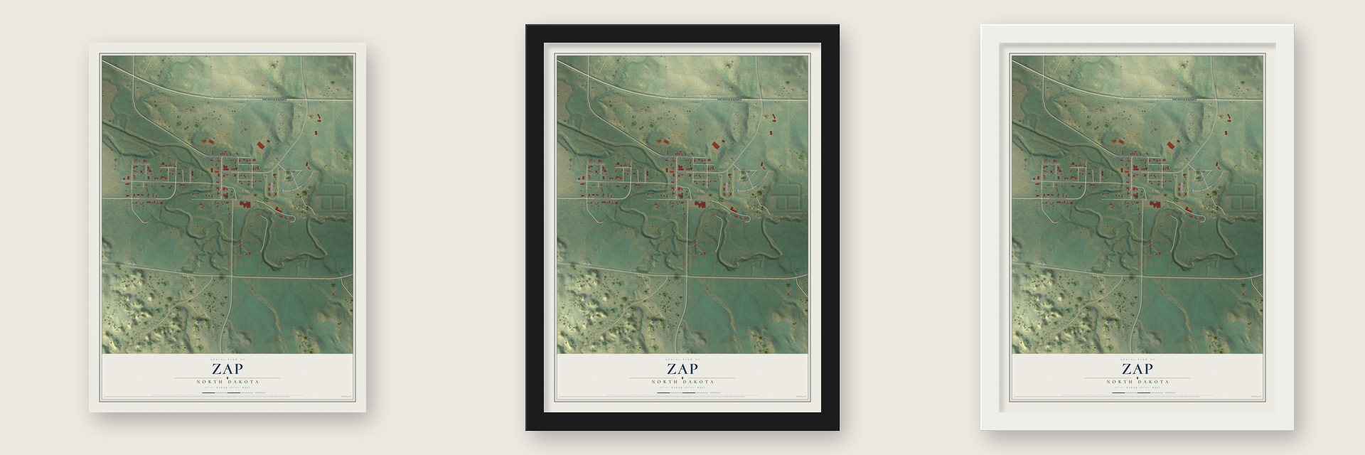 Zap, North Dakota map unframed, in a black wood frame and in a white wood frame
