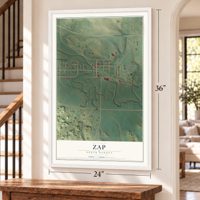 Zap, North Dakota map, 24 x 36 inch print in a white frame by a staircase