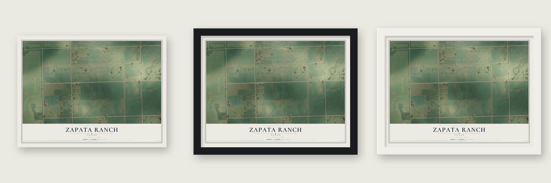 Zapata Ranch, Texas map unframed, in a black wood frame and in a white wood frame