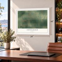 Zapata Ranch, Texas map, 18 x 24 inch print in a white frame in a home office