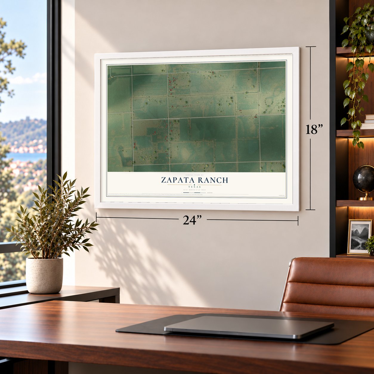 Zapata Ranch, Texas map, 18 x 24 inch print in a white frame in a home office