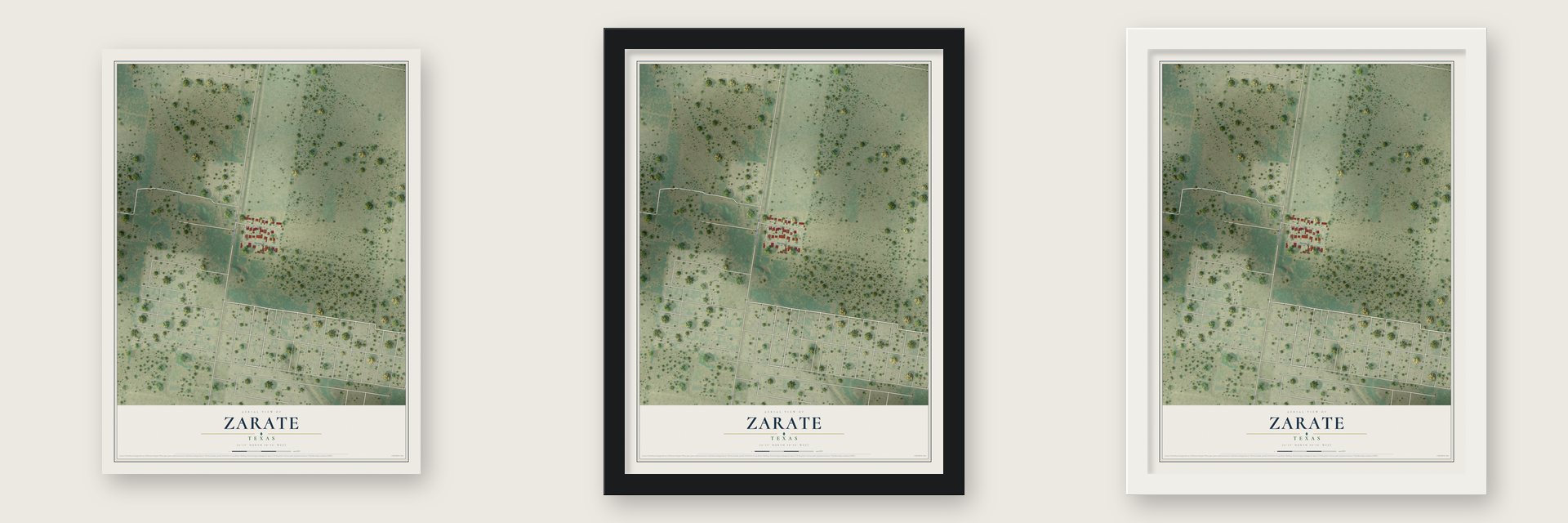Zarate, Texas map unframed, in a black wood frame and in a white wood frame