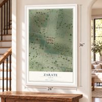 Zarate, Texas map, 24 x 36 inch print in a white frame by a staircase