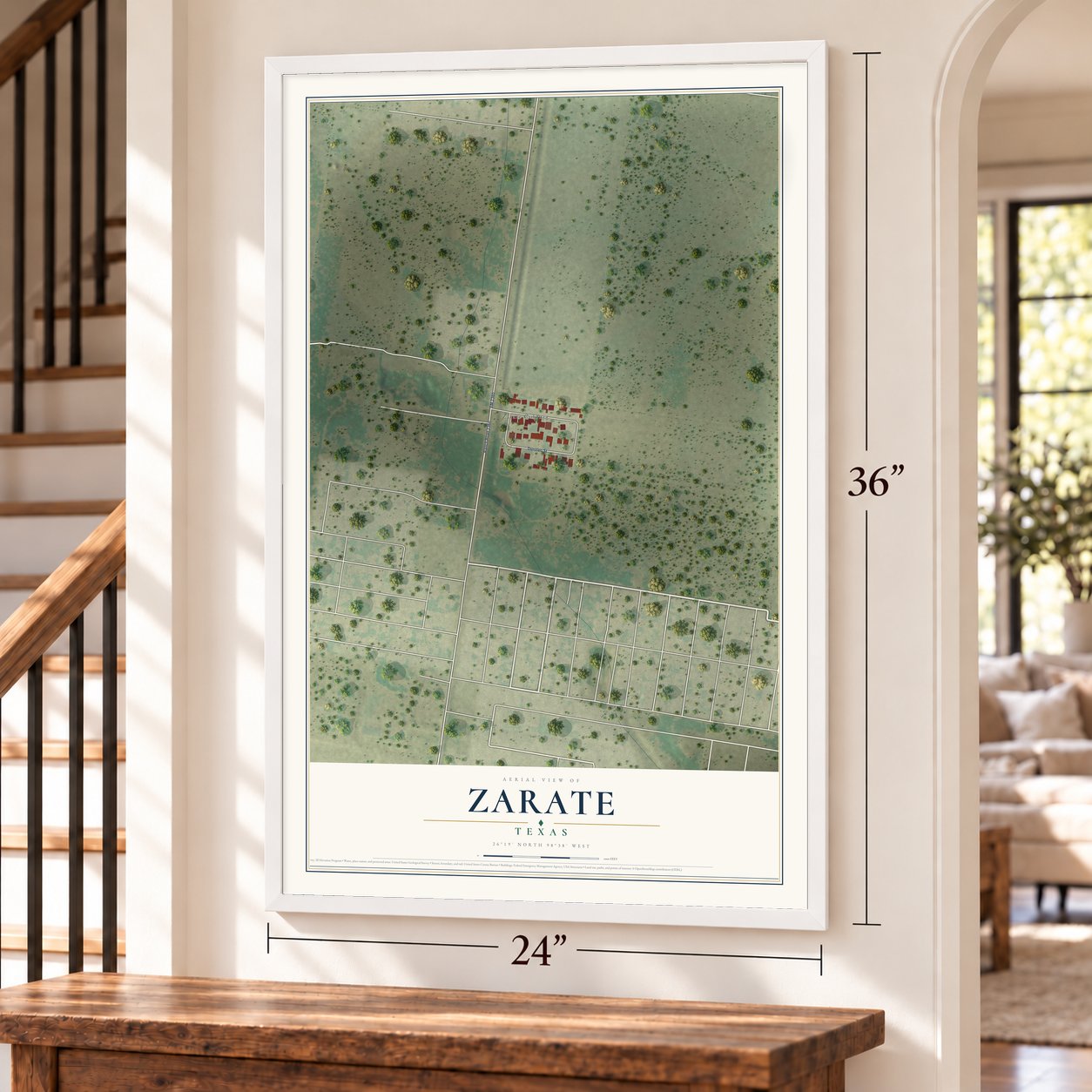 Zarate, Texas map, 24 x 36 inch print in a white frame by a staircase