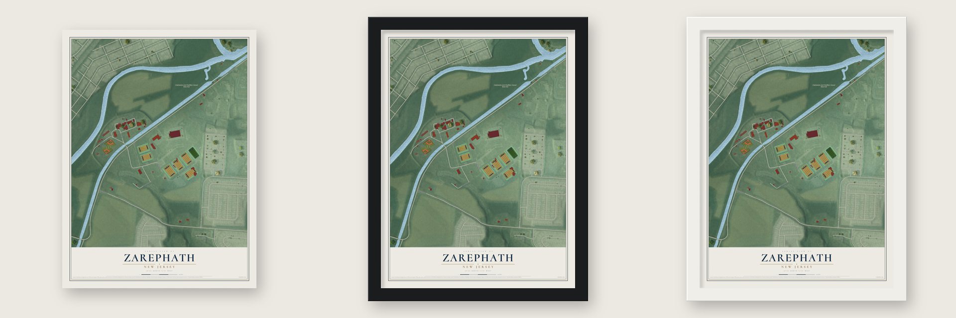 Zarephath, New Jersey map unframed, in a black wood frame and in a white wood frame